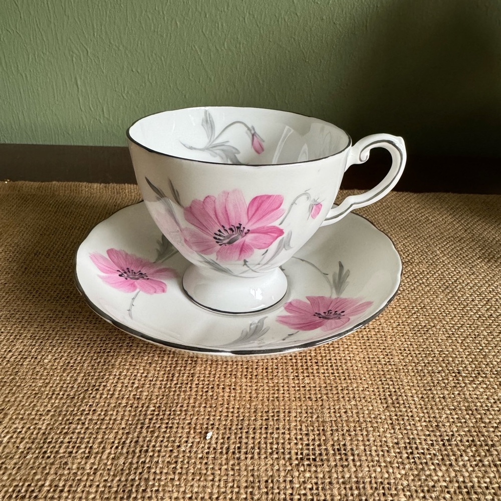 Vintage Tuscan Bone China Footed Tea Cup Saucer Pink Floral Gray Trim England
